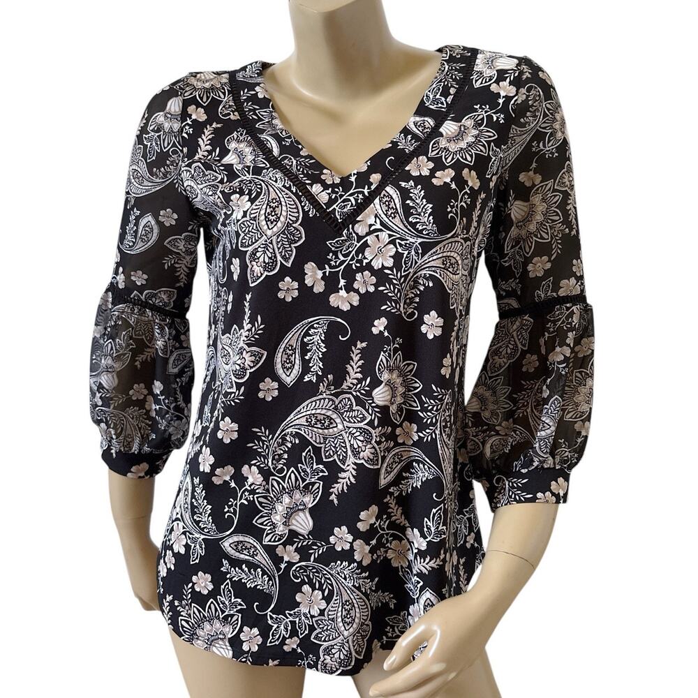 Perseption Concept Blouse Womens Small Balloon Sleeve Paisley Boho V-Neck